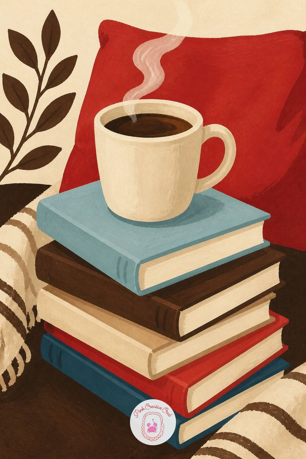 Coffee on a Stack of Books in a Reading Corner — Build a cozy reading corner next, with a mug of coffee steaming on top of a stack of books. Coffee illustration