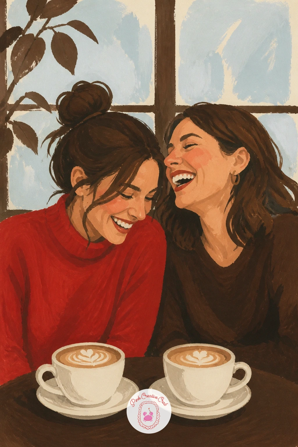 Two Friends Laughing Over Cappuccinos — Fill a cafe table with life now: two friends laughing together over cappuccinos, fogged windows behind them. Coffee