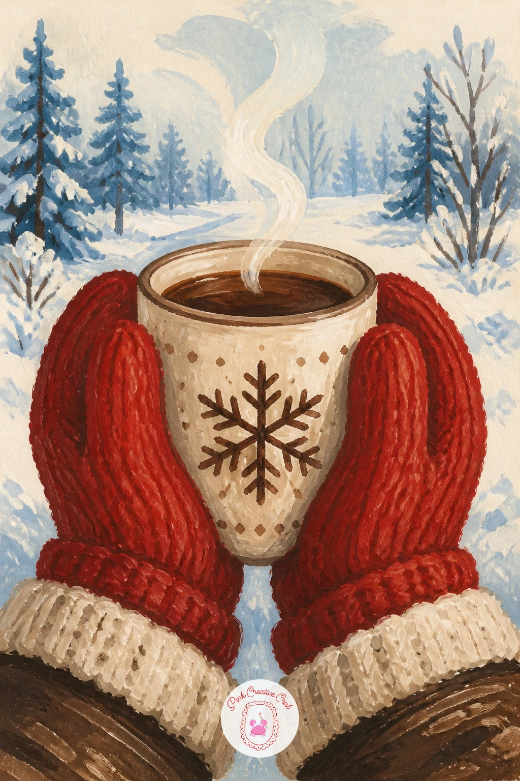 Mug Warming Mittened Hands on a Walk — Zoom in close for a detail shot: two mittened hands wrapped around a warm mug during a morning walk. Coffee illustration
