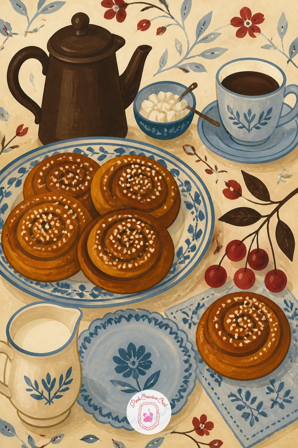 Swedish Fika Table With Cardamom Buns — Spread a fuller table now for a Swedish fika, coffee and cardamom buns laid out together. Coffee illustration