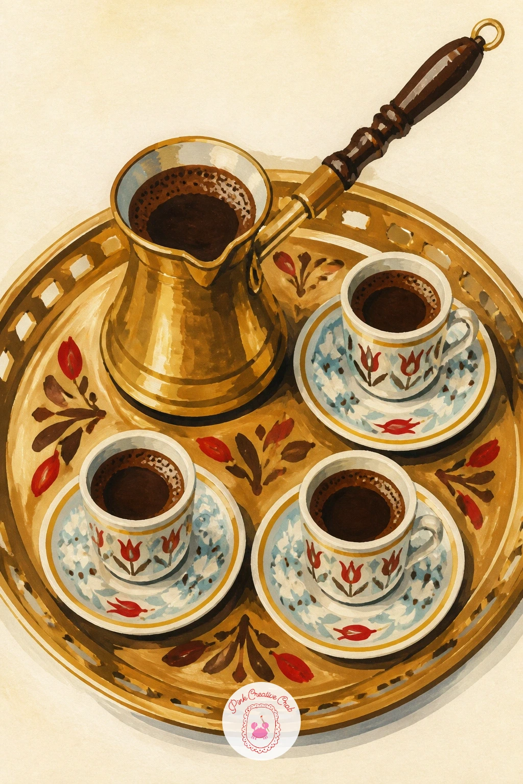 Turkish Coffee Pot on a Brass Tray — Bring in a different tradition with a Turkish coffee pot and its tiny cups set on a brass tray. Coffee illustration