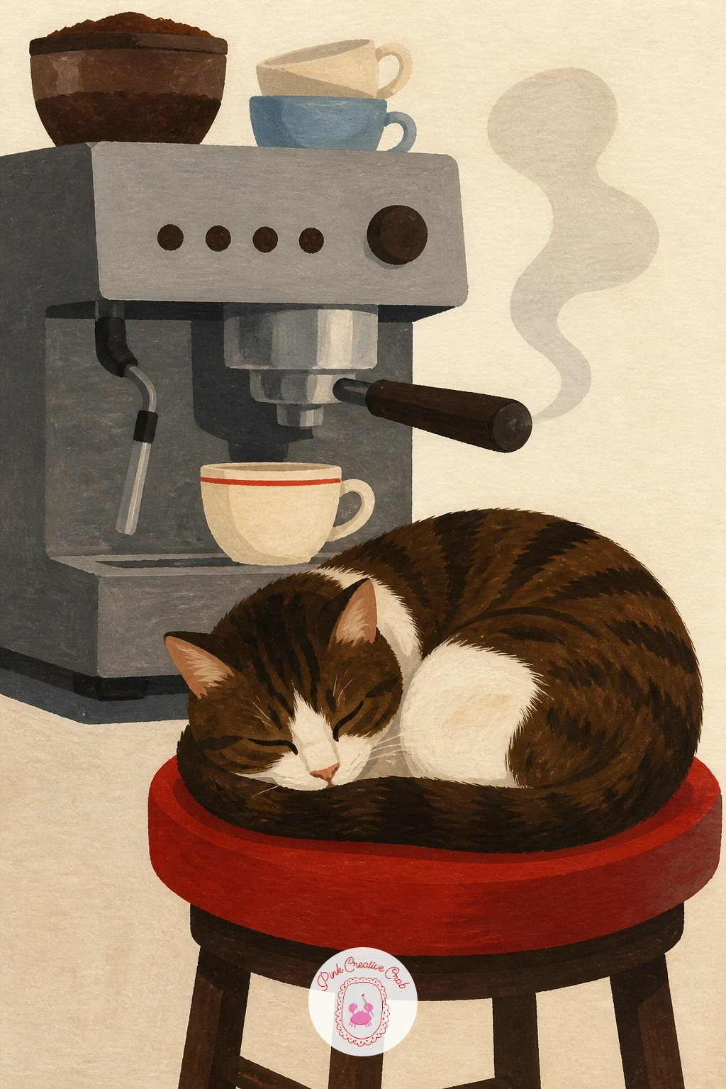 Coffee Shop Cat Asleep by the Espresso Machine — Return once more to the counter, this time with a coffee shop cat fast asleep on a stool right beside the