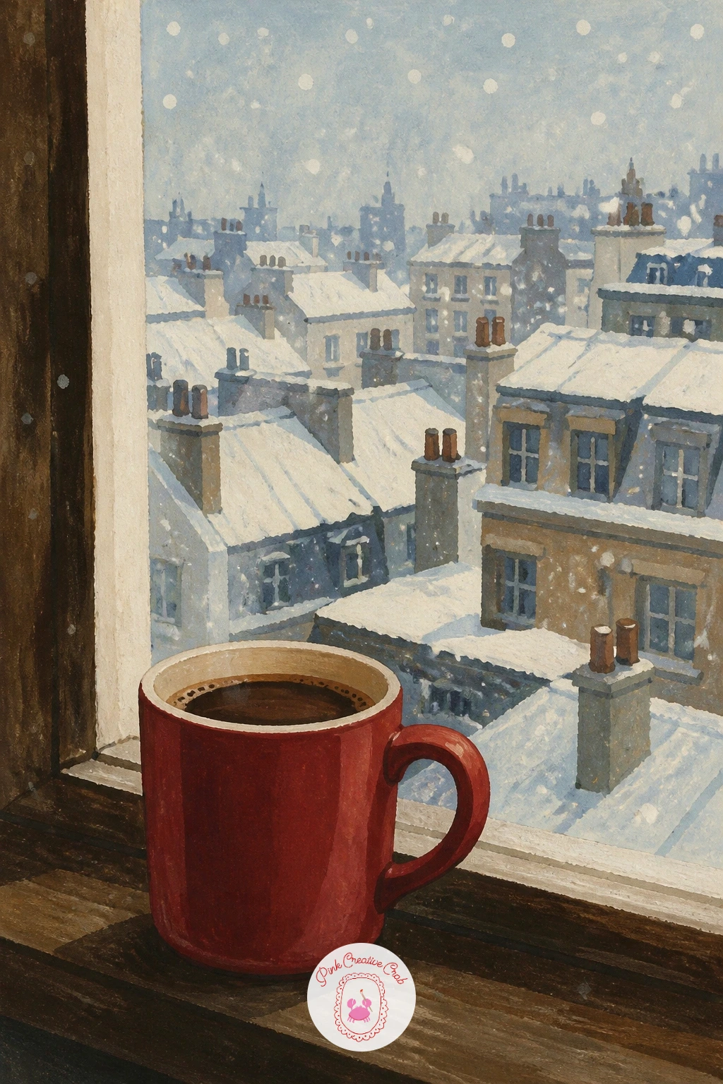 Mug on a Windowsill as Snow Falls on Rooftops — Pull back for a wider view: a mug of coffee on a windowsill while snow falls over rooftops outside. Coffee