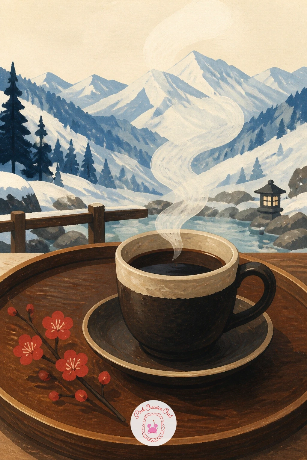 Coffee on a Hot Spring Inn Tray — Close the day with the most relaxed scene of all: coffee steaming on a tray at a hot spring inn, snowy mountains rising