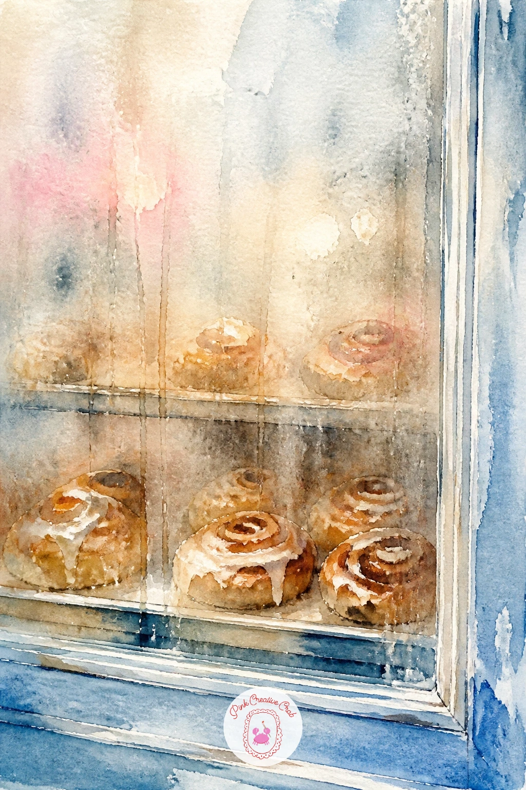 Steamed Up Bakery Window — Start with the window frame in pencil, just a simple rectangle with a mullion or two, then switch straight to paint before you draw
