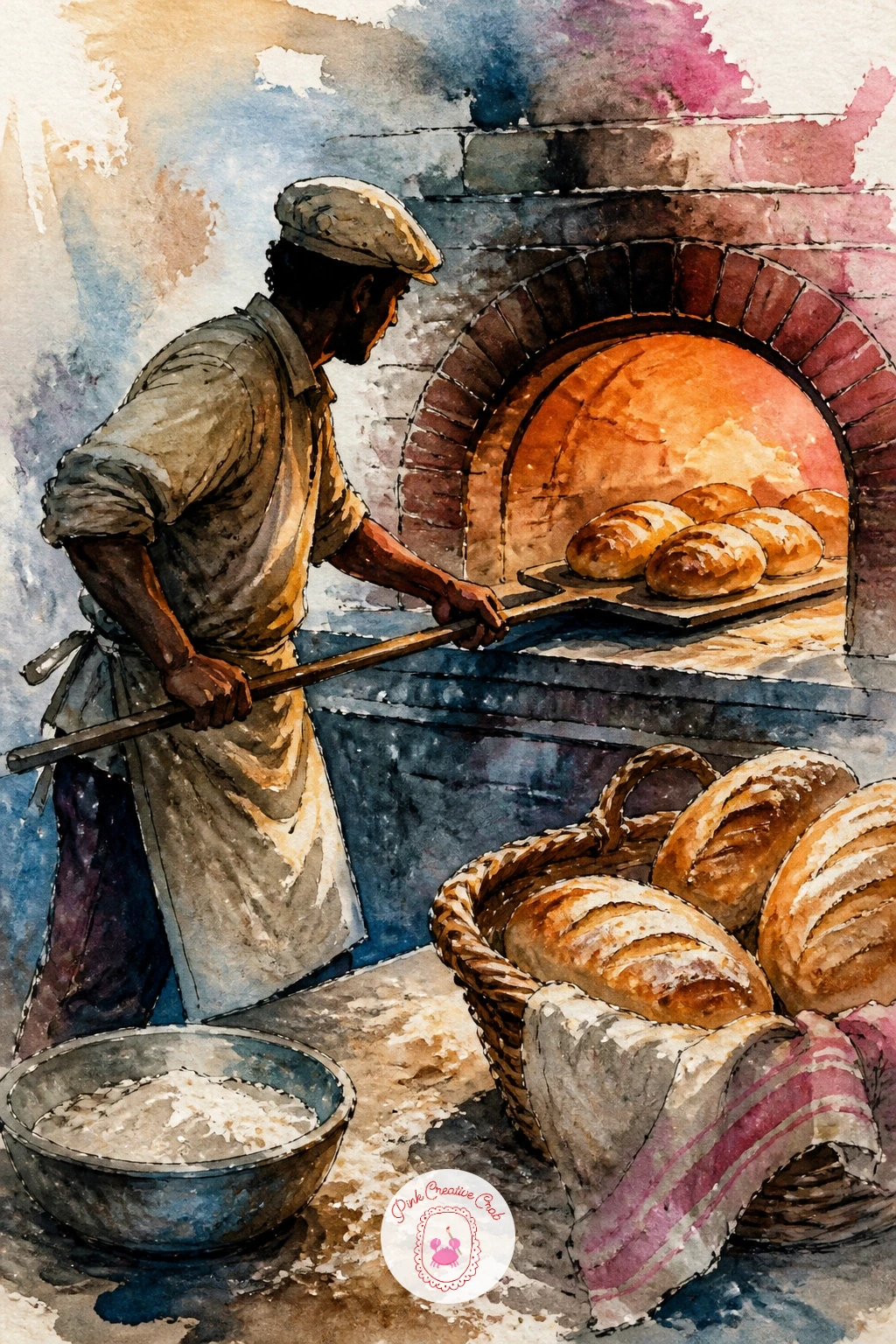 Baker Sliding Loaves From a Brick Oven — Baker sliding loaves from a brick oven asks for a simple figure first, so block in the body with a pencil line showing