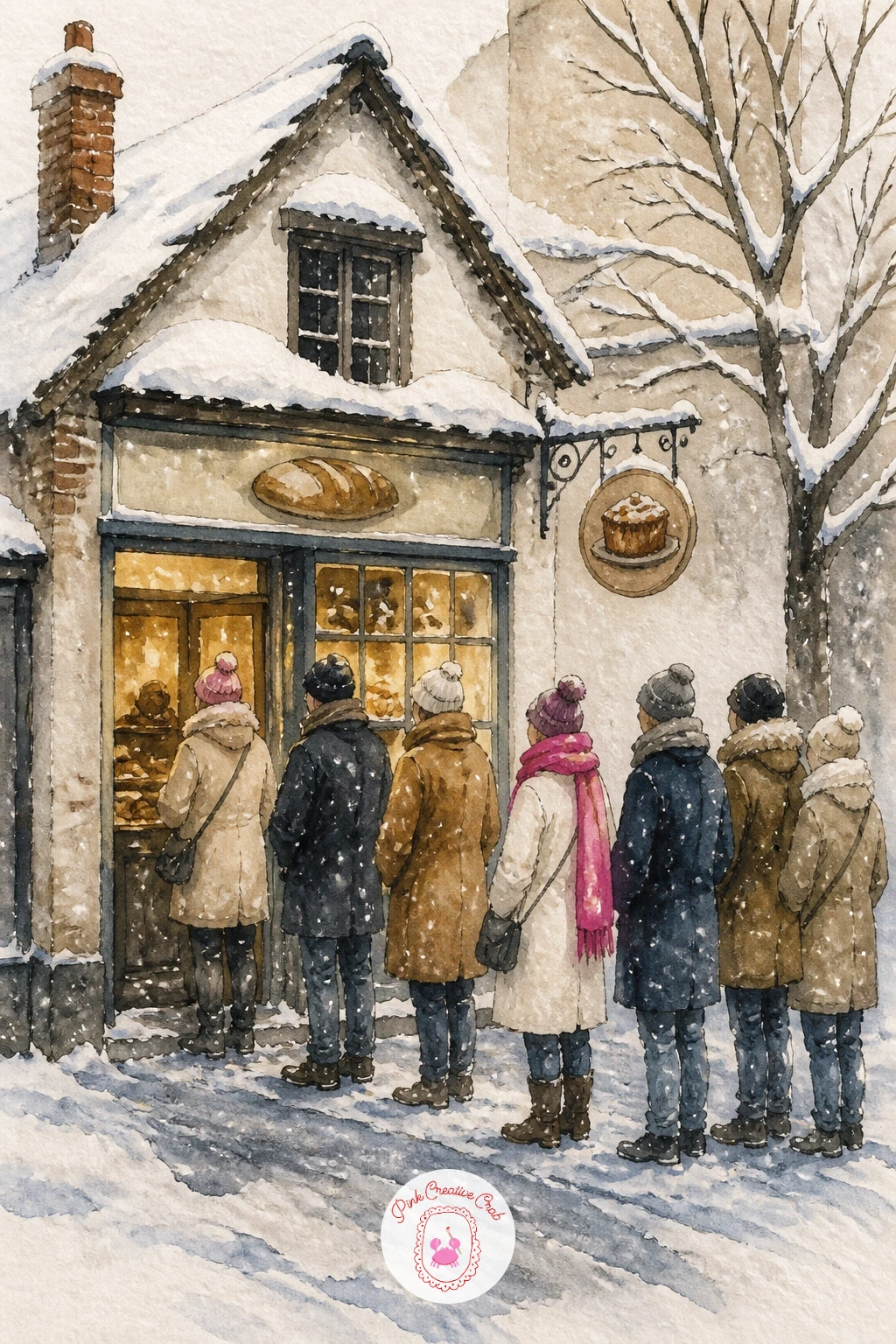Snowy Queue Outside a Tiny Bakery — A queue of people in scarves gives you a row of simple standing shapes, so sketch them as soft cone or oval bodies first