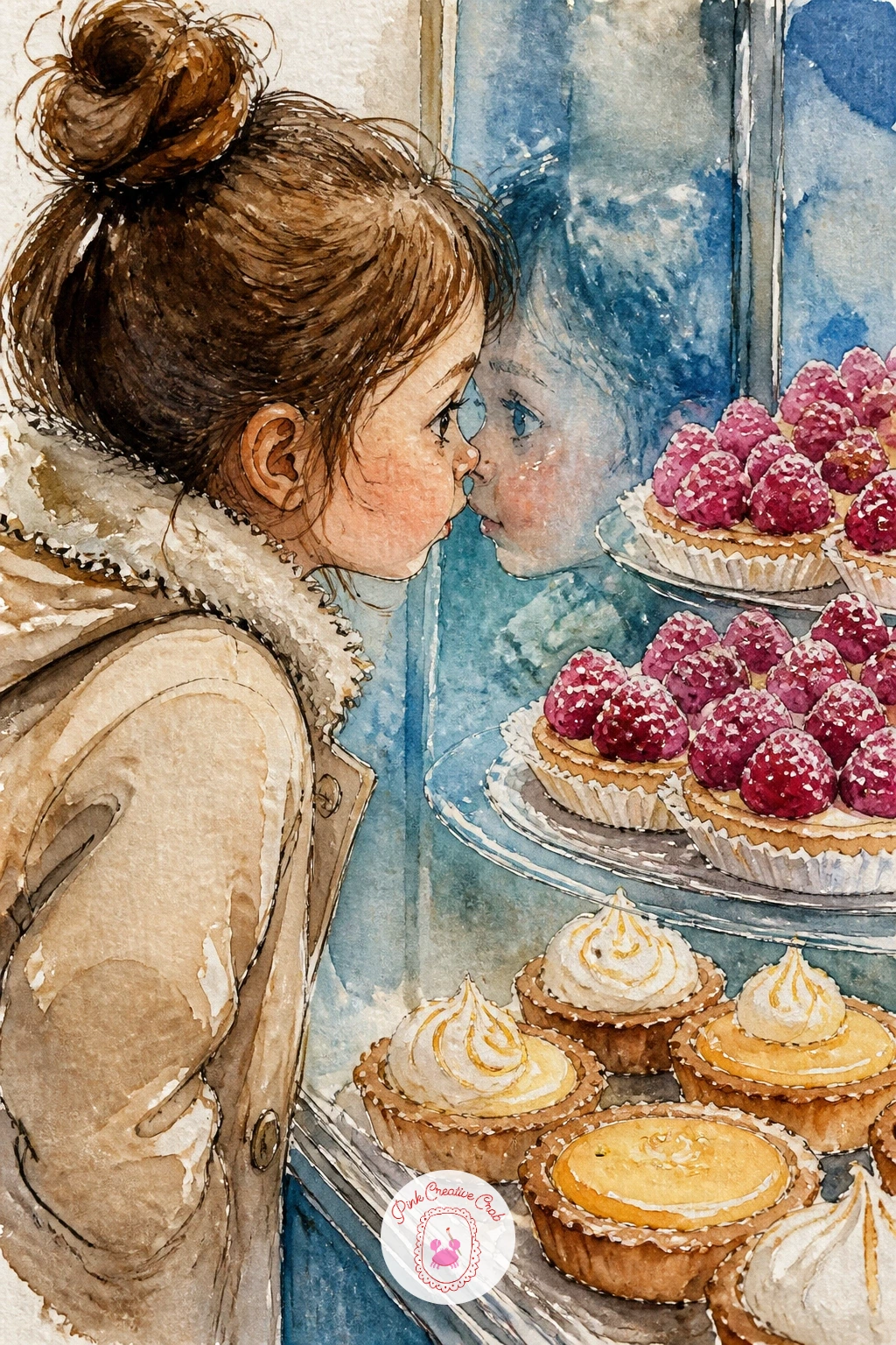 Girl at the Tart Window — Nose pressed to glass is a pose everyone recognizes, so draw the girl's back and the curve of her coat first, her hand resting flat