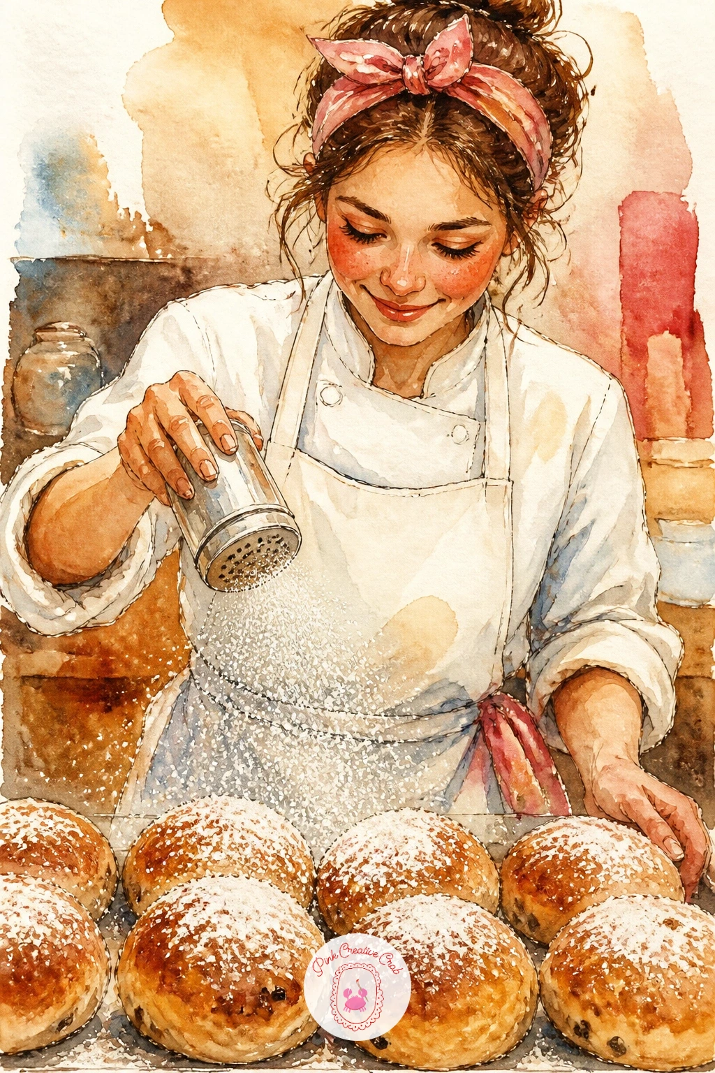 Baker Dusting Powdered Sugar — A baker in a white apron dusting sugar over buns turns on one simple trick: leave the sugar as untouched white paper rather than