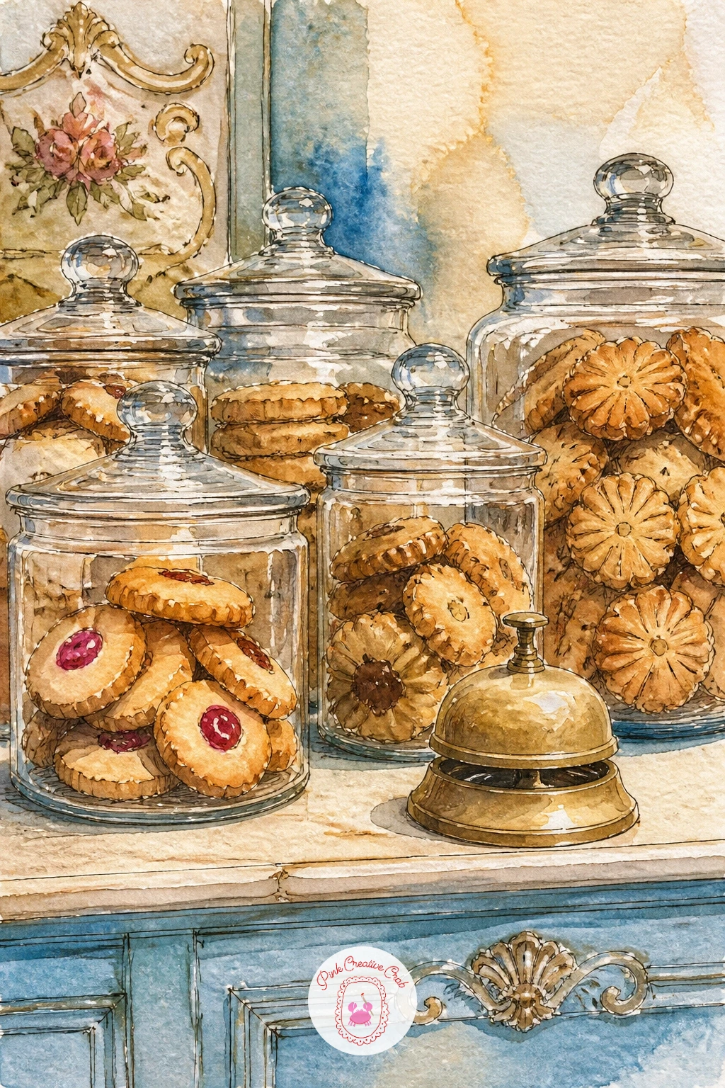 Counter With Cookie Jars and a Brass Bell — Bridge from the busy kitchen scenes to something quieter: a bakery counter with glass jars of cookies and a brass