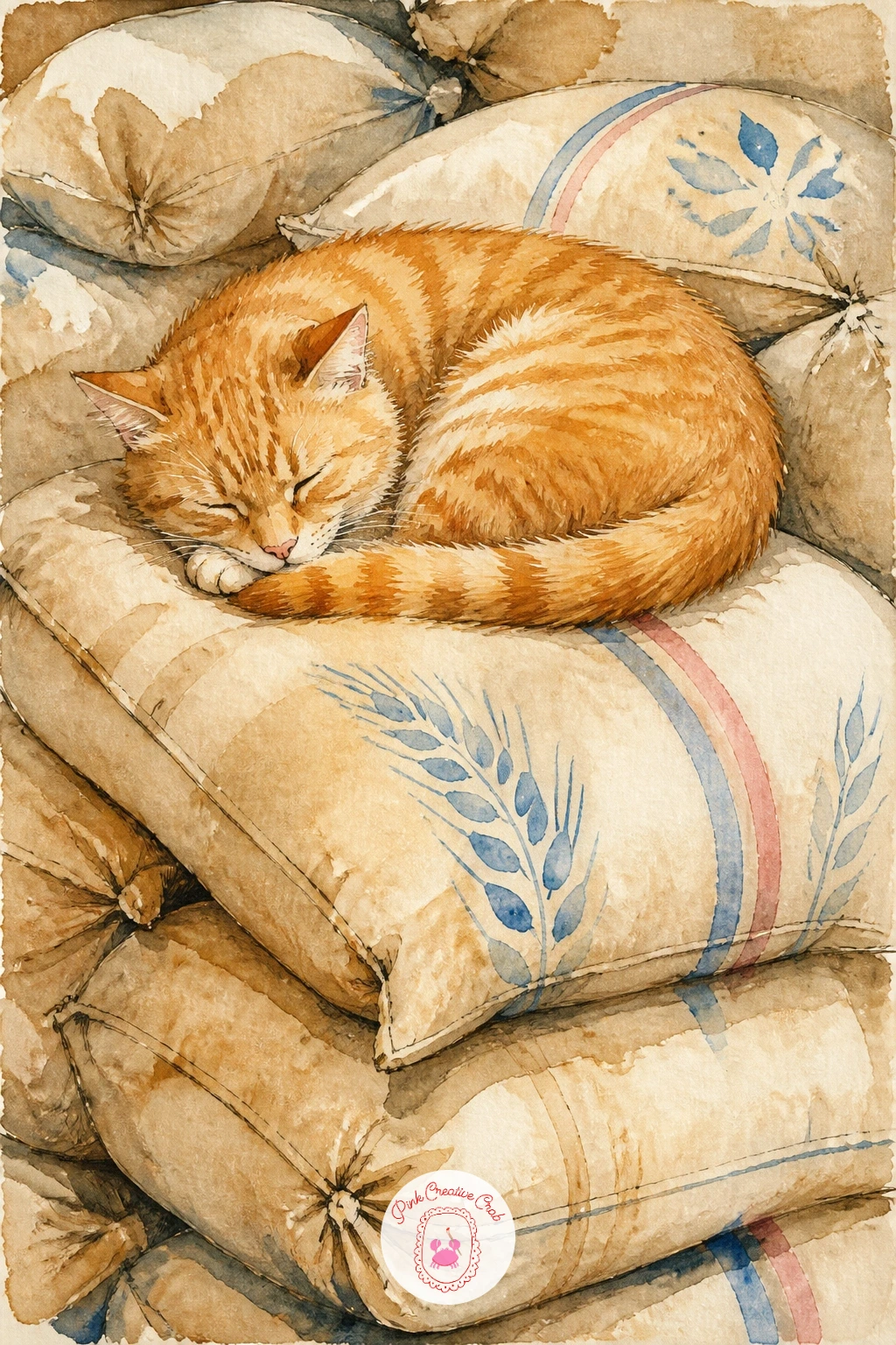 Baker's Cat on the Flour Sacks — A baker's cat sleeping on flour sacks is a gentle still subject, good for slowing down after busier scenes. Bakery illustration