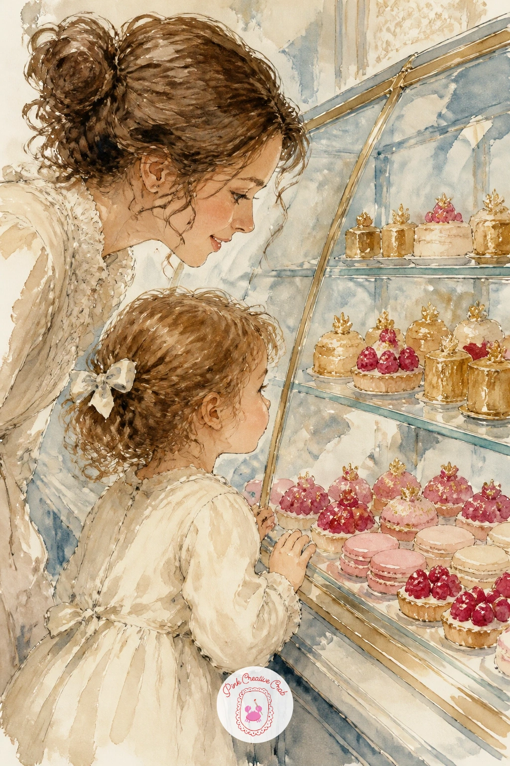 Mother and Child at the Glass Case — Mother and child choosing pastries at a glass case gives you two simple figures leaning slightly toward the counter, so