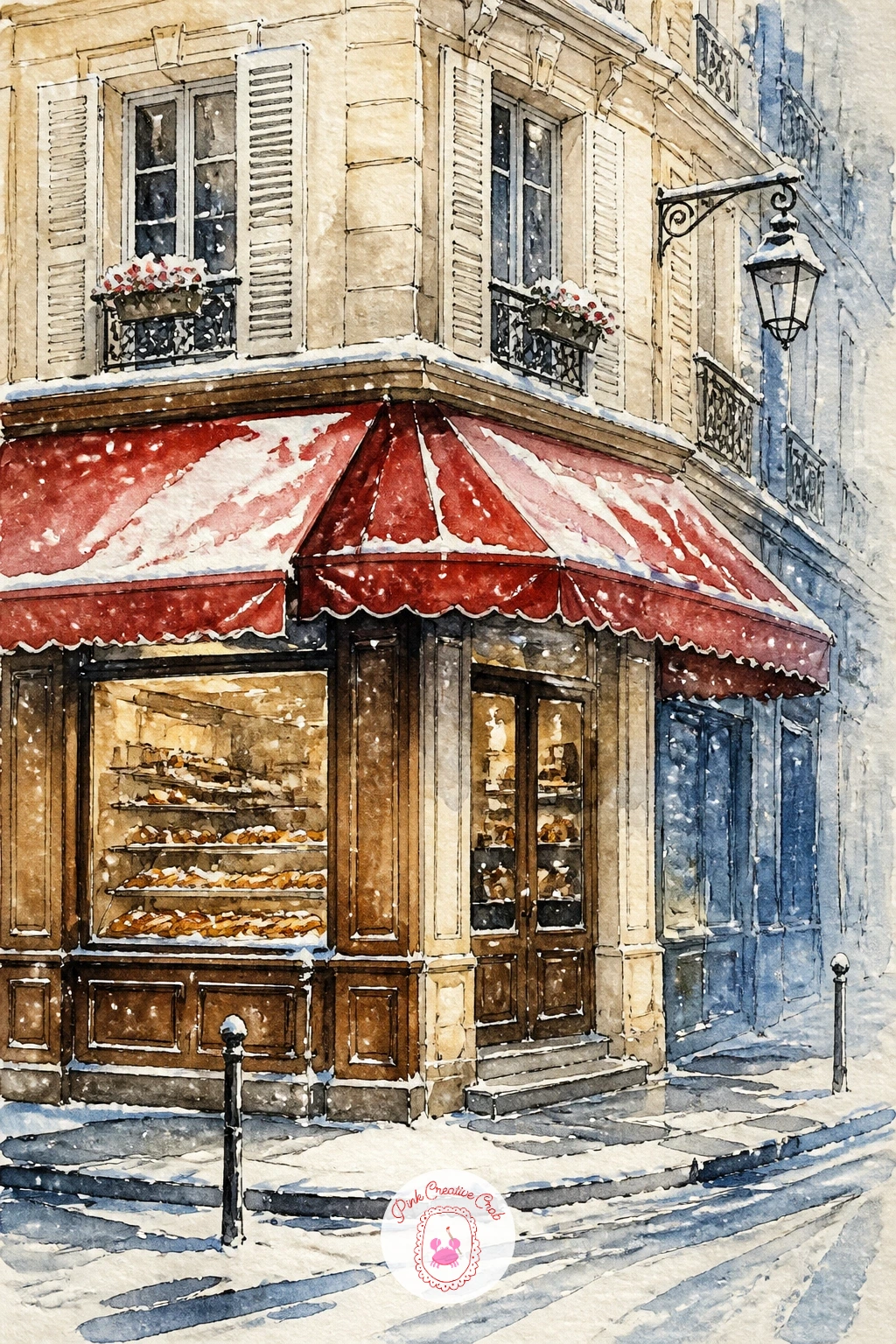 Paris Boulangerie on a Snowy Corner — A Paris boulangerie on a snowy corner with a red awning works best painted at an angle rather than straight on, so sketch