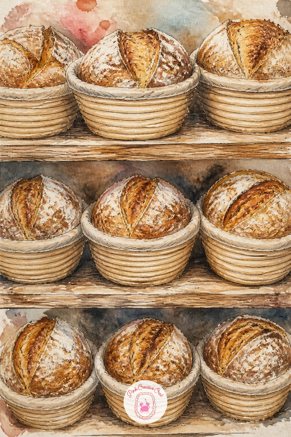 Shelf of Sourdough in Proofing Baskets — A bakery shelf of sourdough loaves in woven proofing baskets is a nice repeating subject, so draw three or four basket