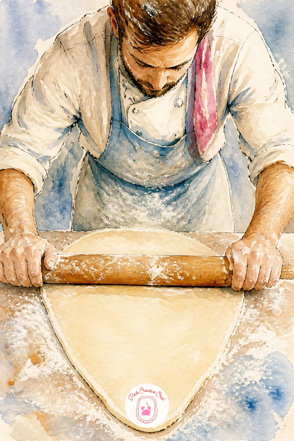 Baker Rolling Croissant Dough — A baker rolling croissant dough with a long rolling pin is mostly about the angle of the arms, so sketch the figure leaning