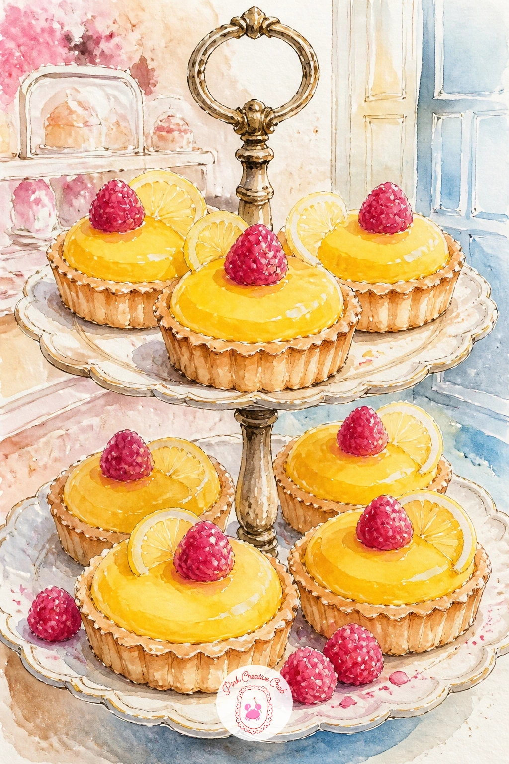 Lemon Tarts on a Patisserie Stand — A cake stand of lemon tarts in a pastel patisserie is a good color study subject, so draw the tiered stand first as two or