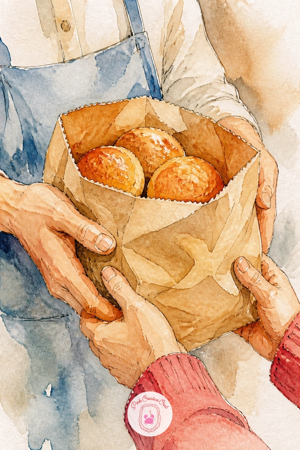 Paper Bag of Warm Buns — A paper bag of warm buns handed across the counter is a close up, intimate little scene, so sketch two hands first, one offering the
