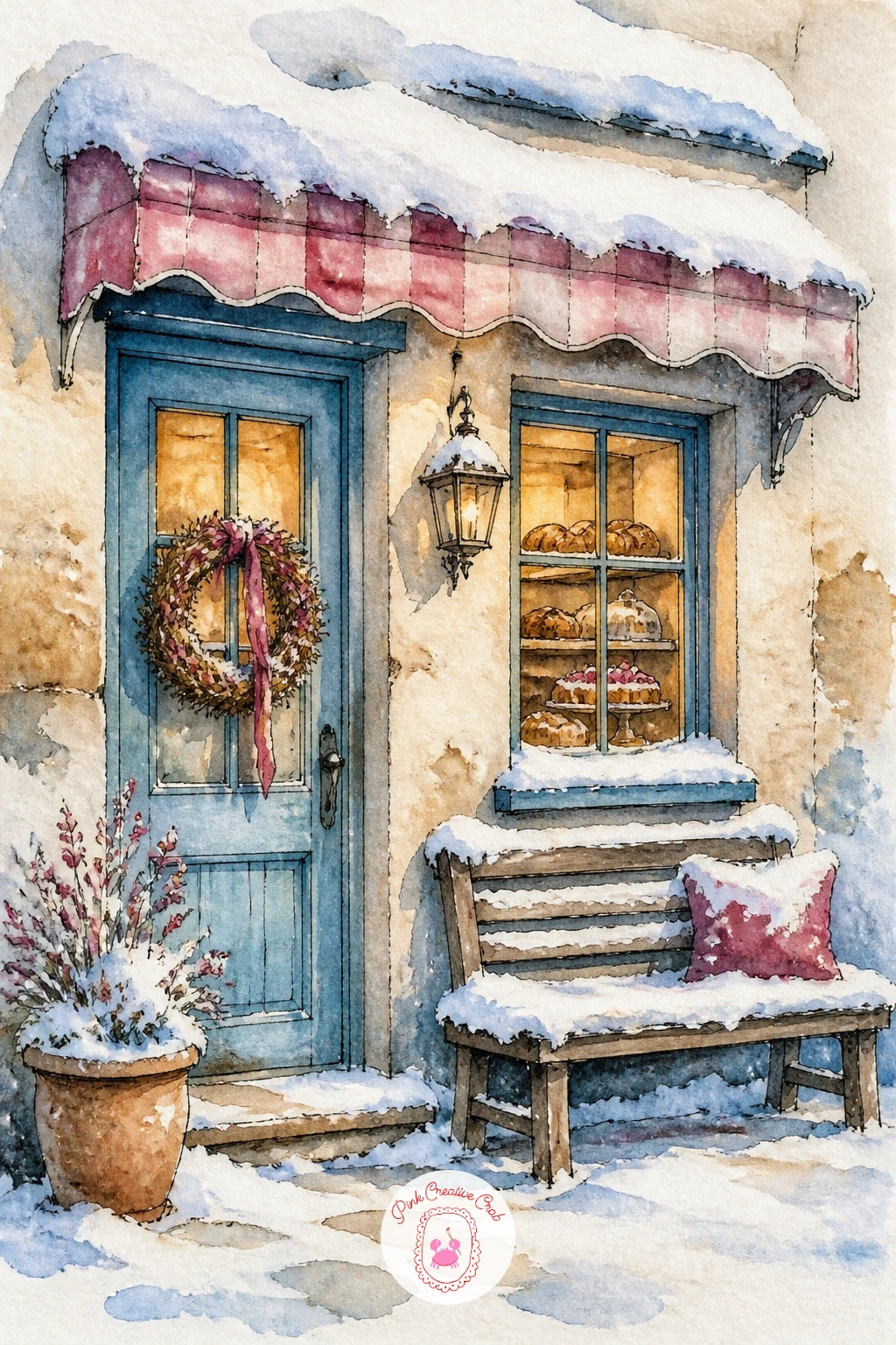 Tiny Village Bakery With a Snowy Bench — A tiny village bakery with a snowy bench outside the door is a quiet, whole-building scene, so block in the simple