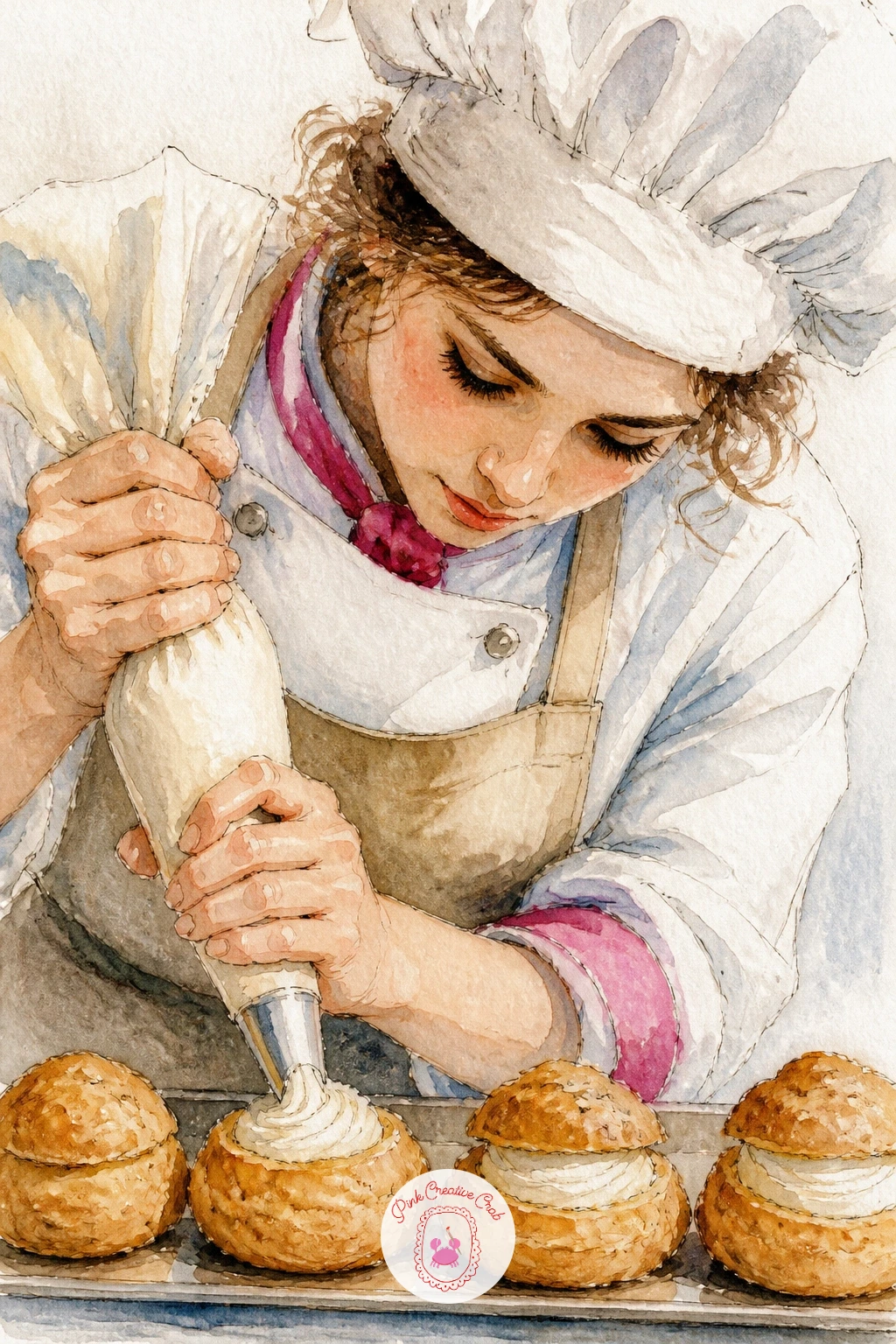 Young Baker Piping Choux Buns — A young baker piping cream into choux buns needs the piping bag drawn as a simple cone shape first, held at an angle with a