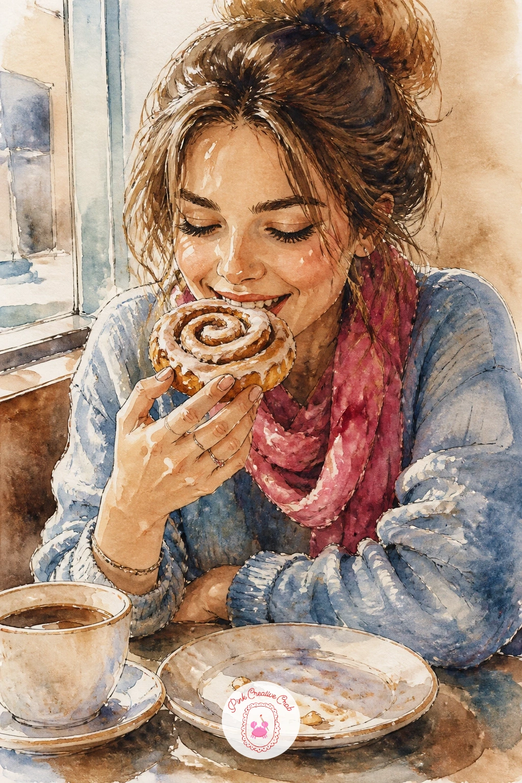 Woman With a Cinnamon Roll in the Cafe Corner — A woman eating a cinnamon roll in a bakery cafe corner is a cozy, still moment, so sketch her seated at a small