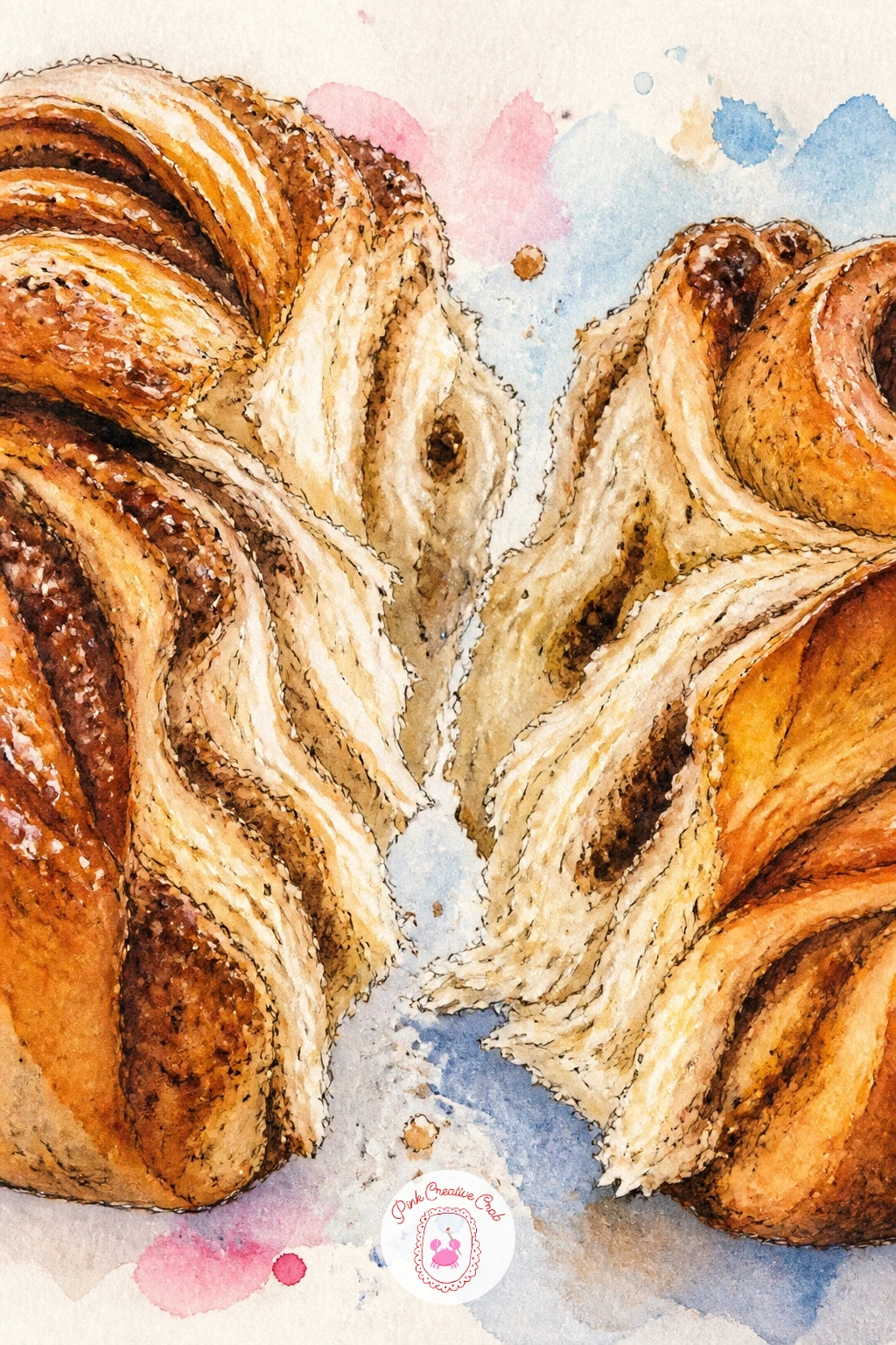 Cardamom Bun Pulled Apart — A cardamom bun pulled apart to show its twisty layers is a close, single-object study, good for practicing texture without a whole
