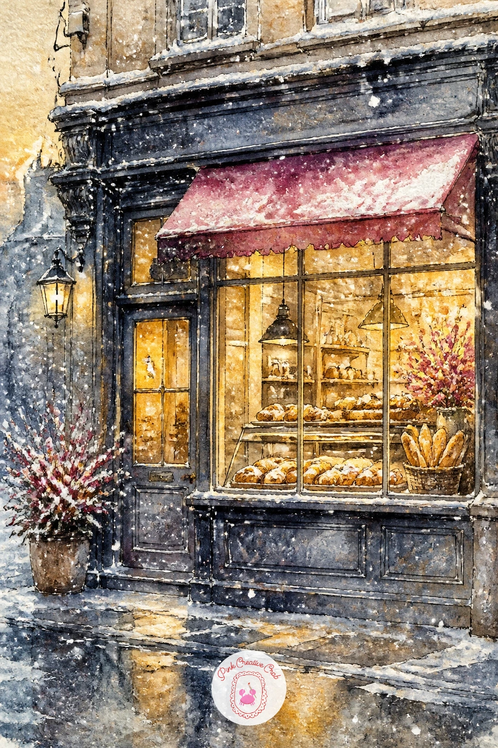 Bakery at Dawn With Falling Snow — A bakery at dawn with lights on and snow falling on the street is a mood piece built on contrast, so lay in the dark, cool