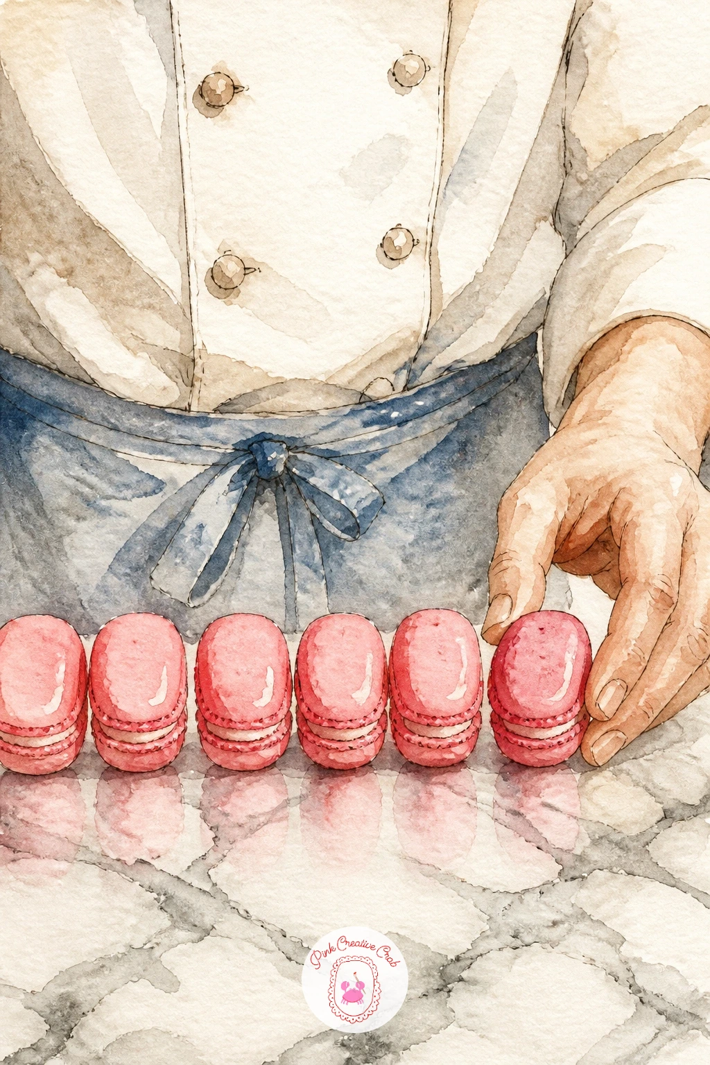 Pastry Chef Lining Up Pink Macarons — A pastry chef lining up pink macarons on a marble counter is a clean, orderly scene after the looser dawn piece, so