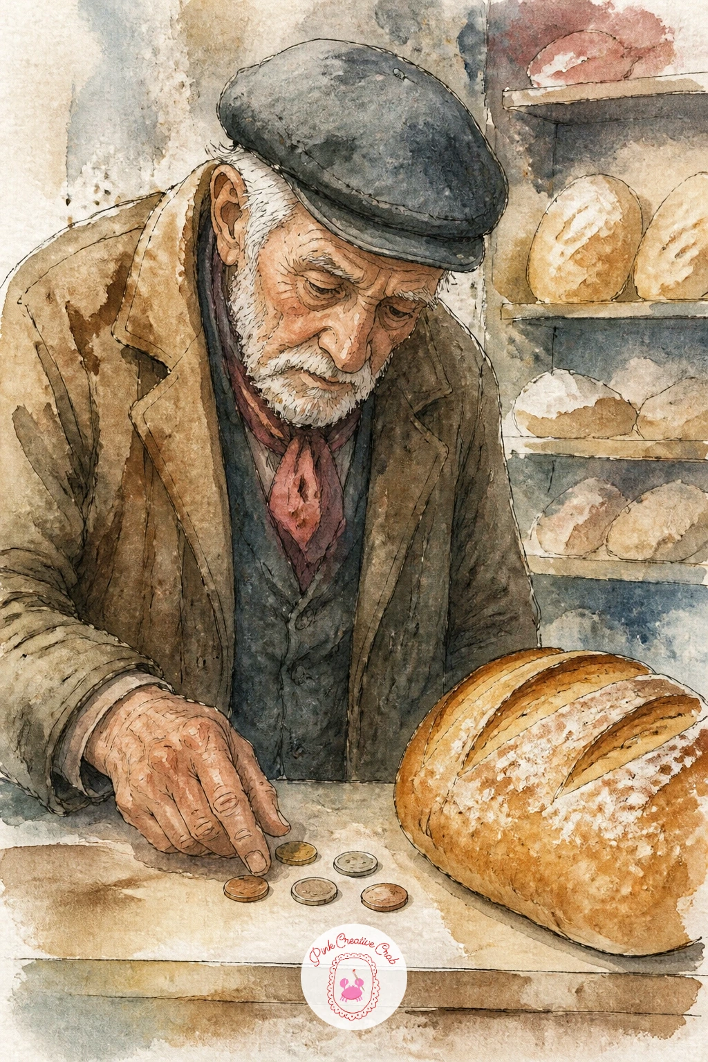 Old Man Buying His Morning Loaf — An old man buying his morning loaf with exact coins is a small, dignified moment, so sketch his figure first, slightly