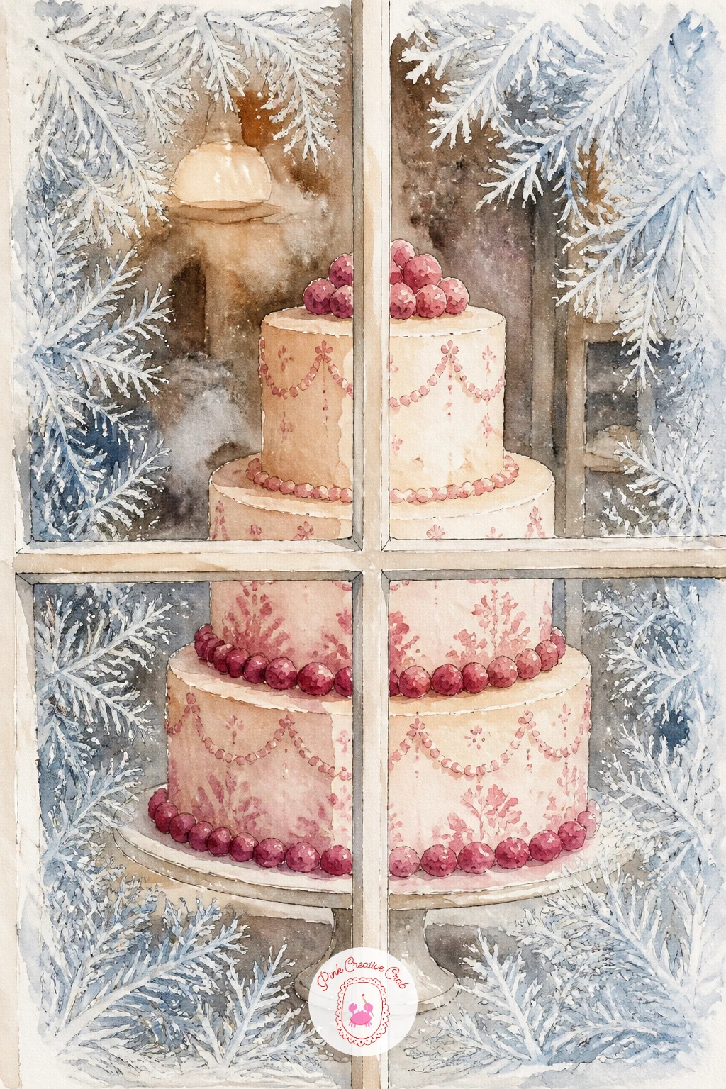 Frosted Window With a Tiered Cake — A bakery window with a tiered cake and frost on the glass combines two earlier tricks from this list, the steamed glass