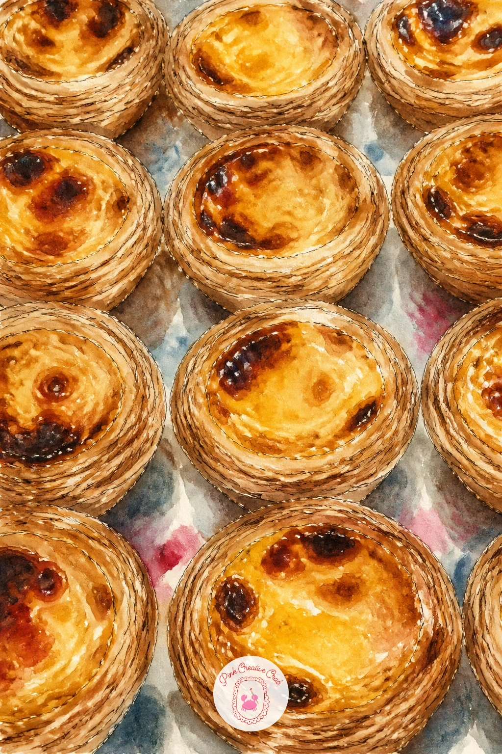 Portuguese Bakery With Custard Tarts — A Portuguese bakery with custard tarts lined up in rows is a satisfying pattern piece, so sketch the tarts as a simple