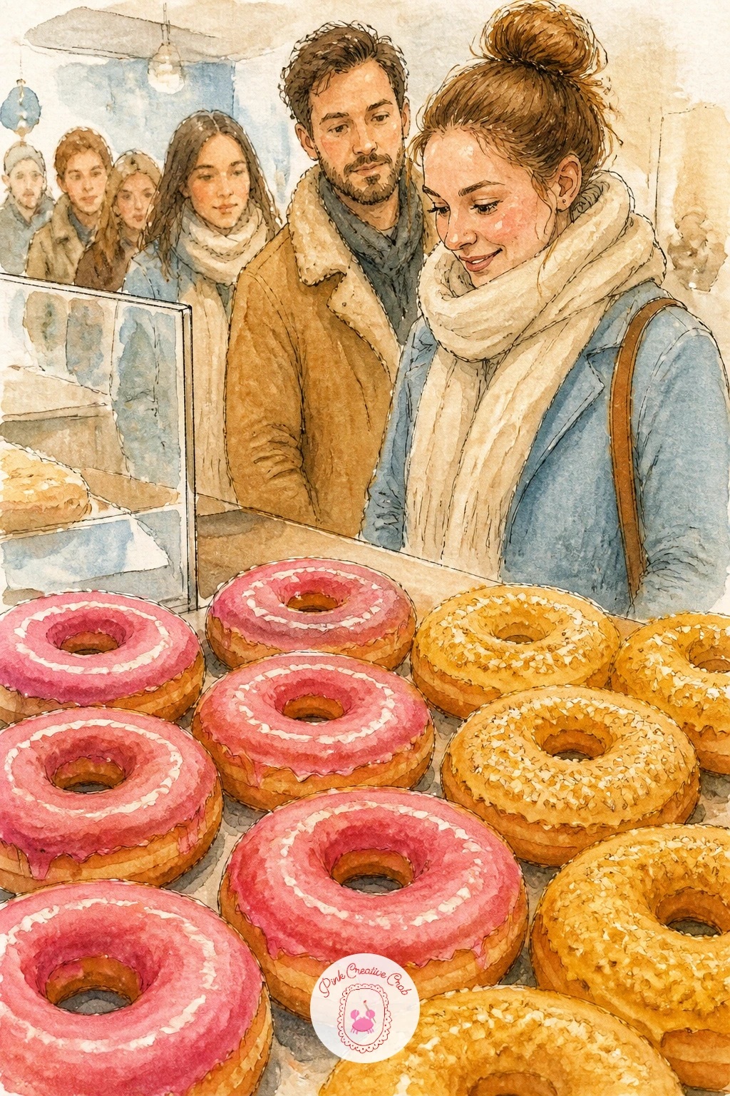 Donut Counter With a Queue — A donut shop counter with sprinkled donuts and a queue brings back the line of customers from earlier in the list, but this time