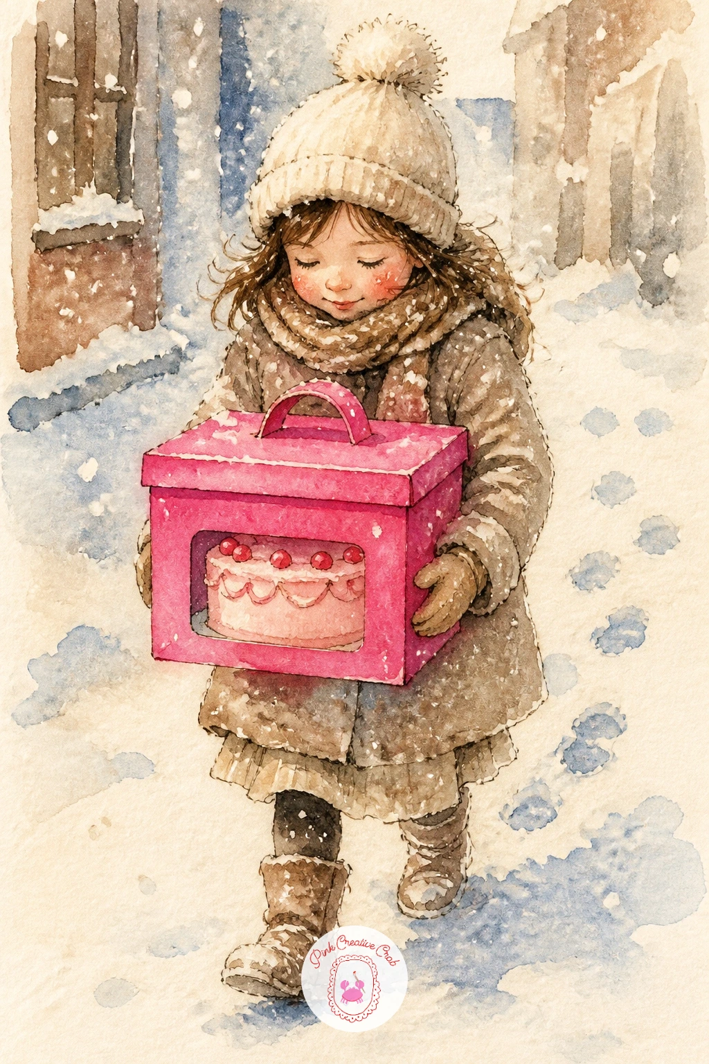 Child Carrying a Pink Cake Box — A child carrying a pink cake box carefully through the snow is a small action pose, so sketch the child slightly bent forward