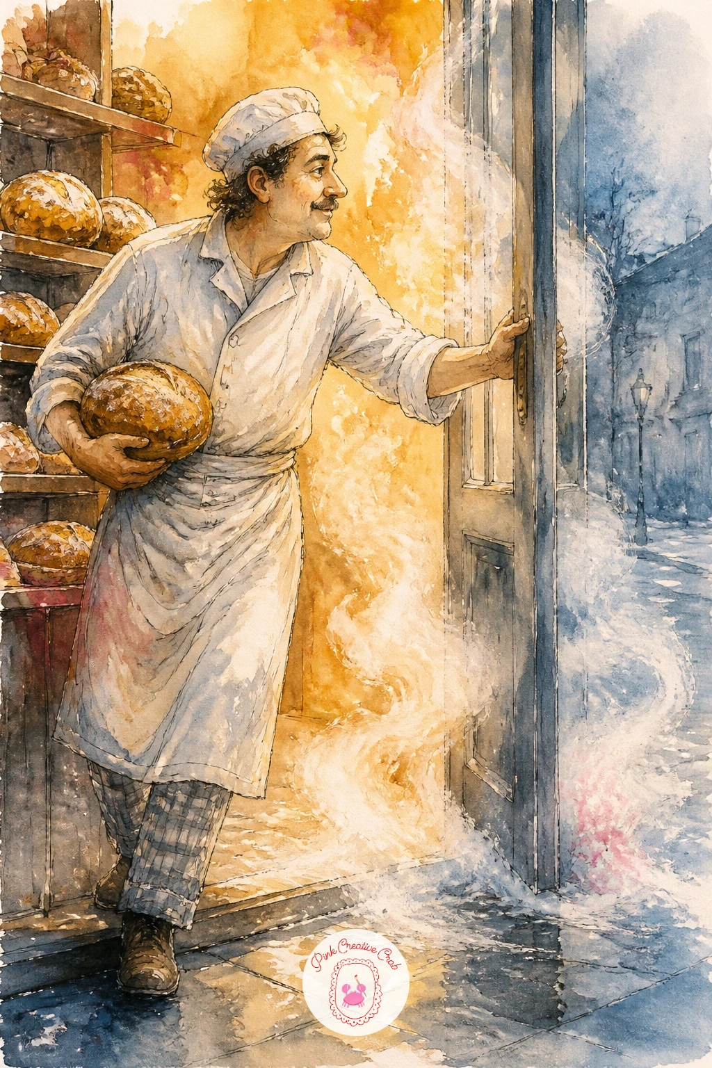 Baker Propping Open the Door as Steam Rolls Out — A baker propping the door open as steam rolls out is a wonderful contrast piece between hard architecture and