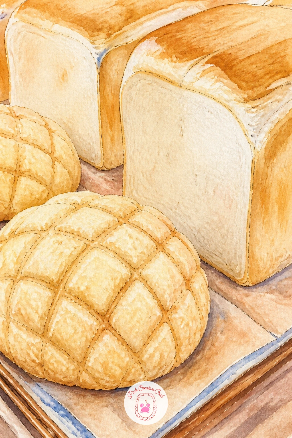 Japanese Bakery With Melon Pan — A Japanese bakery with melon pan and fluffy milk bread brings a different texture challenge, so sketch the melon pan's domed