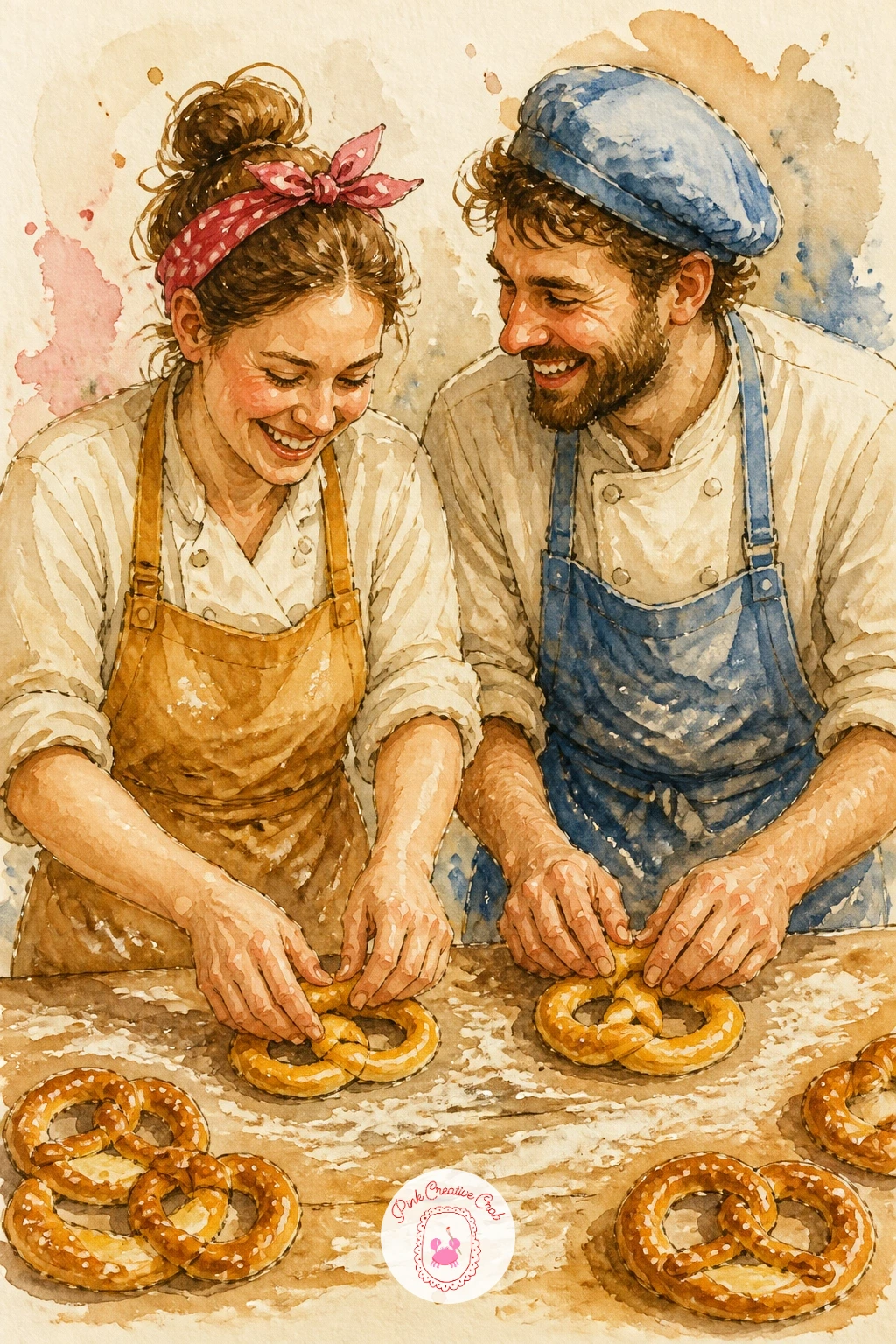 Two Bakers Shaping Pretzels Together — Two bakers laughing while shaping pretzels at a long table is the busiest figure scene on this list, so sketch both