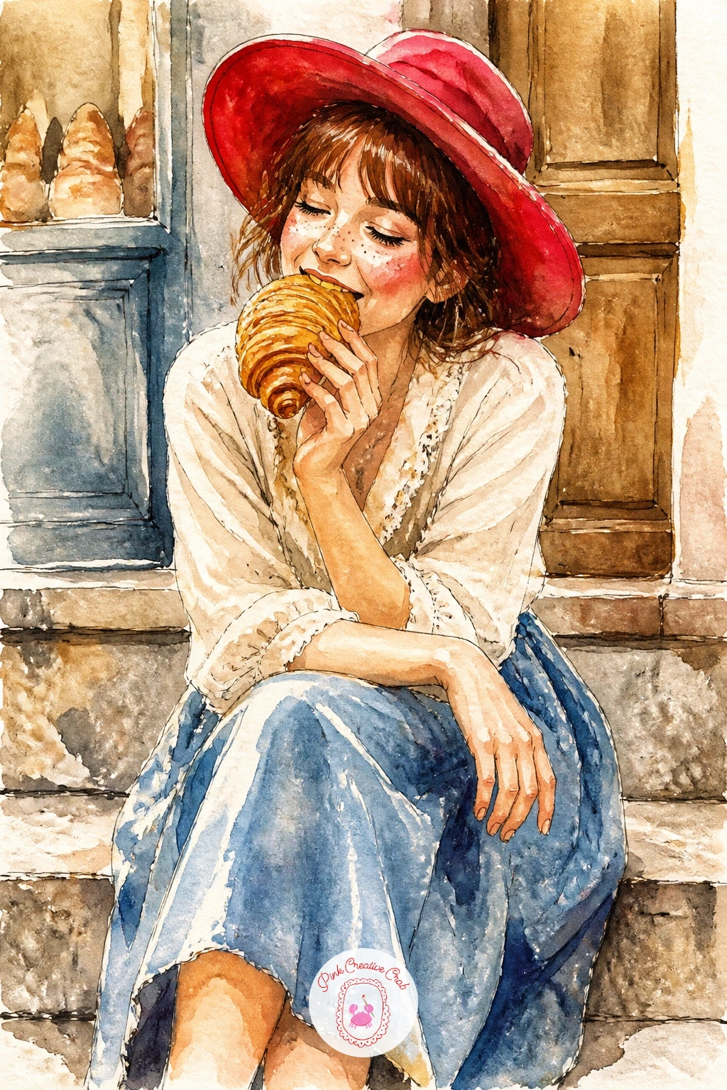 Girl in a Red Hat Eating a Croissant — A girl in a red hat eating a croissant on the bakery step is a simple, charming single figure, so sketch her seated