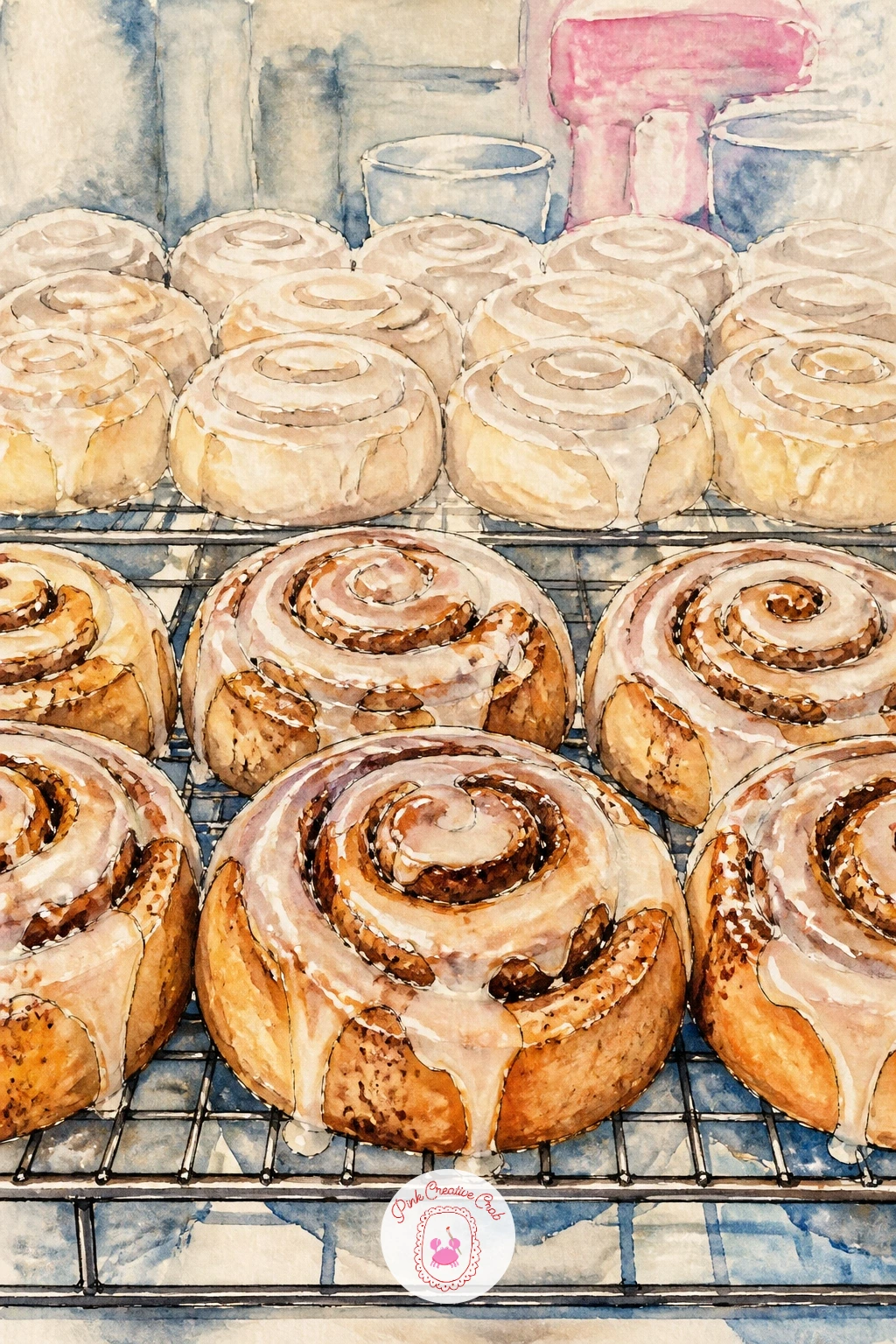 Kitchen Racks of Cooling Cinnamon Buns — A bakery kitchen with racks of cooling cinnamon buns gives you a chance to paint repeating shapes at an angle, so