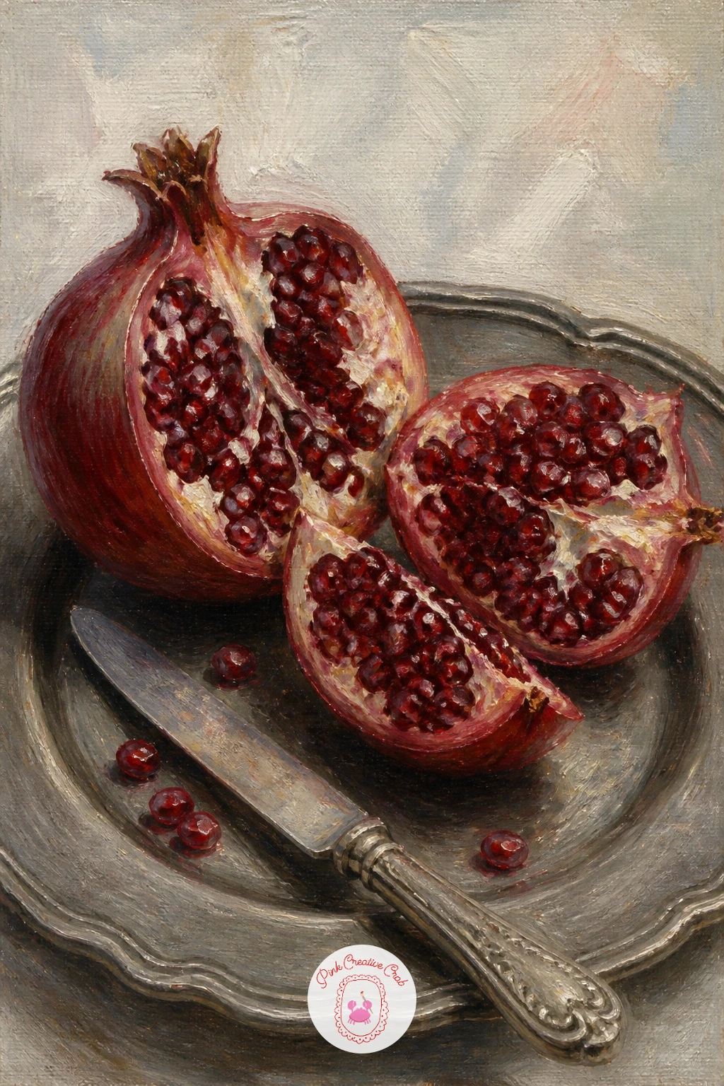 Split Pomegranate on Pewter — Split pomegranate on a pewter plate beside a silver knife is the easiest way into this whole list, because the shapes are simple