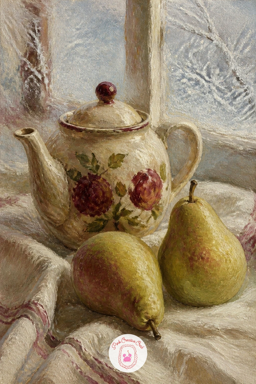 Teapot and Pears by a Frosty Window — Teapot and two pears on a linen cloth by a frosty window brings a light source into the mix, which changes how you build
