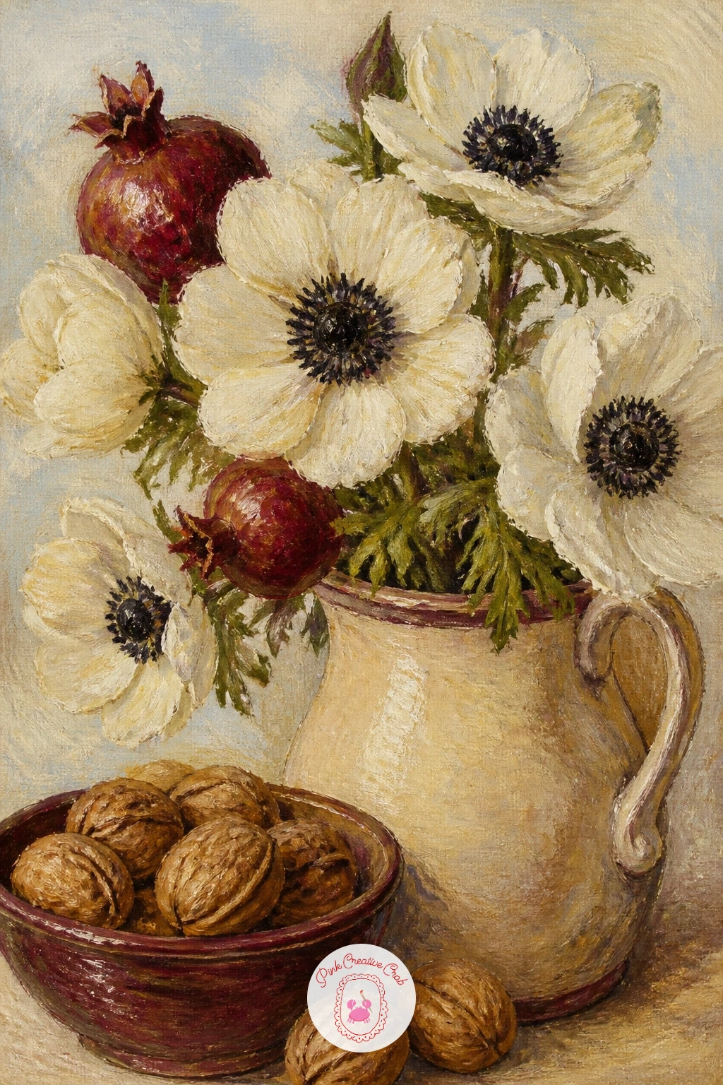 White Anemones Beside a Bowl of Walnuts — A jug of white anemones beside a bowl of walnuts gives you a nice contrast of soft petals against hard, textured