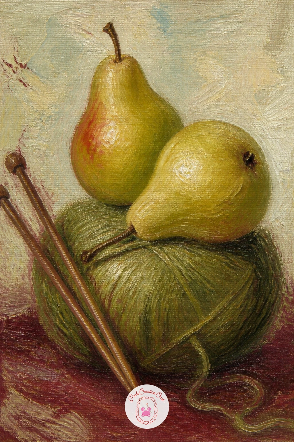Pears on a Ball of Wool — Pears resting on a ball of moss green wool with knitting needles is where you really start thinking about one shape sitting on