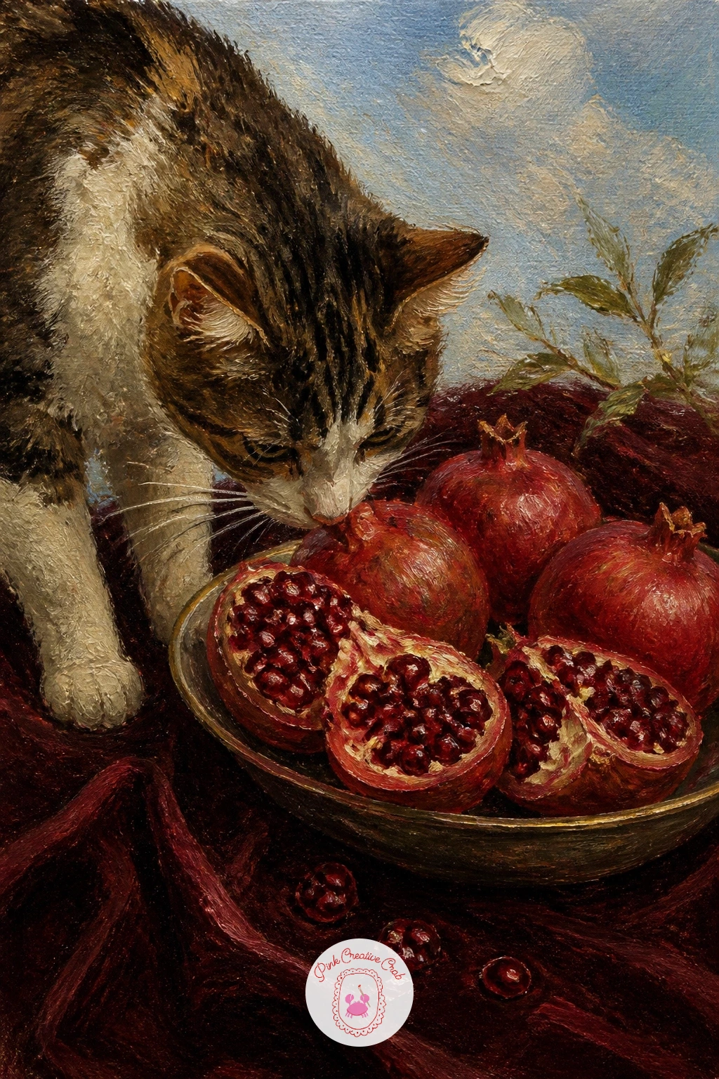 Cat Sniffing a Bowl of Pomegranates — A cat sniffing a bowl of pomegranates on a velvet cloth brings the first real living presence into the list, and a cat's