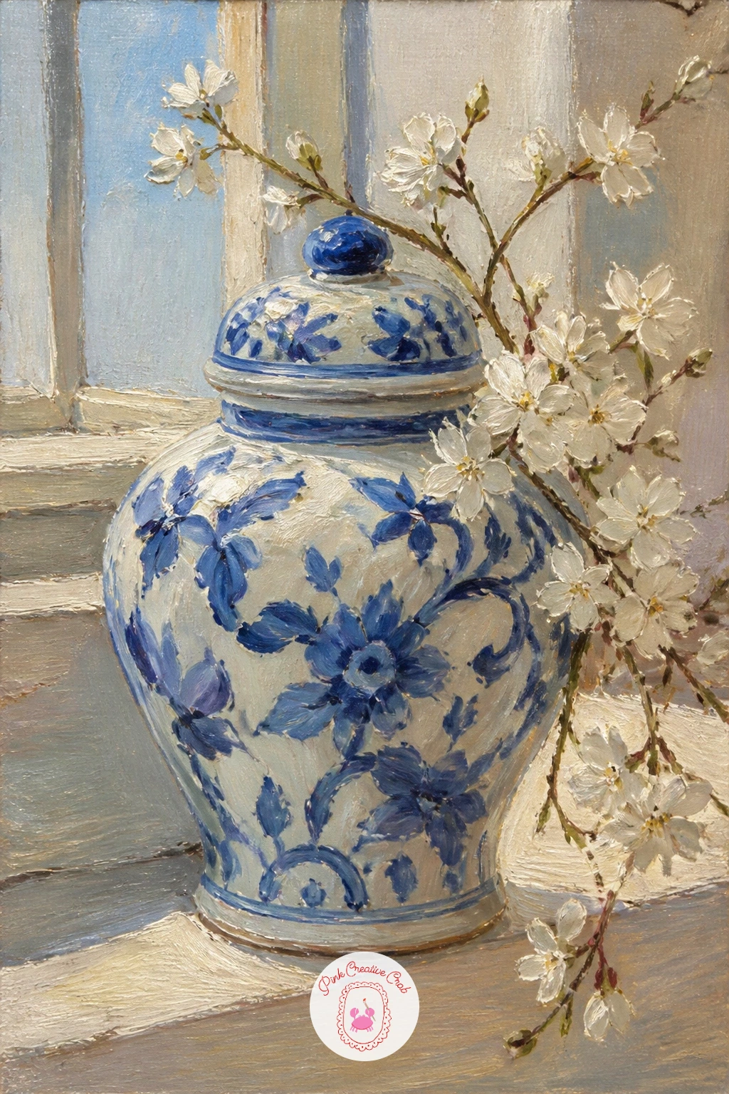 Blue and White Ginger Jar With Jasmine — A blue and white ginger jar with a sprig of winter jasmine is a good one for practising pattern without letting it