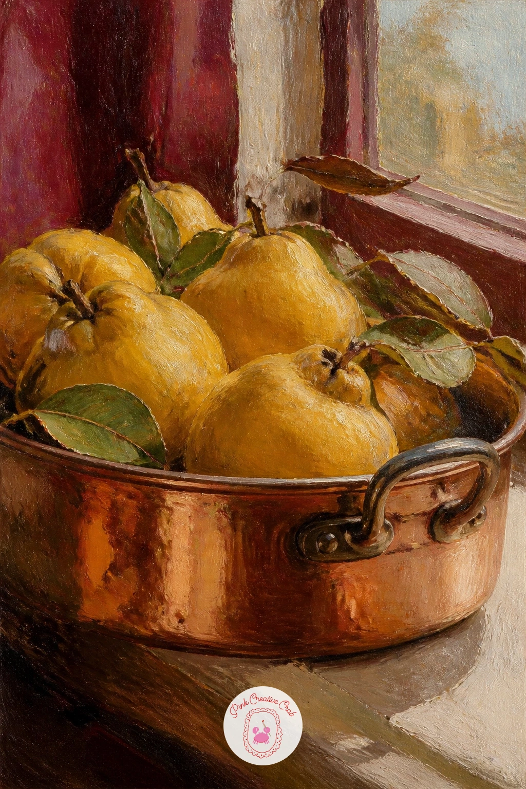 Quinces in a Copper Pan — Quinces in a copper pan on a kitchen windowsill is where metal reflection becomes the real subject, so think about where your light