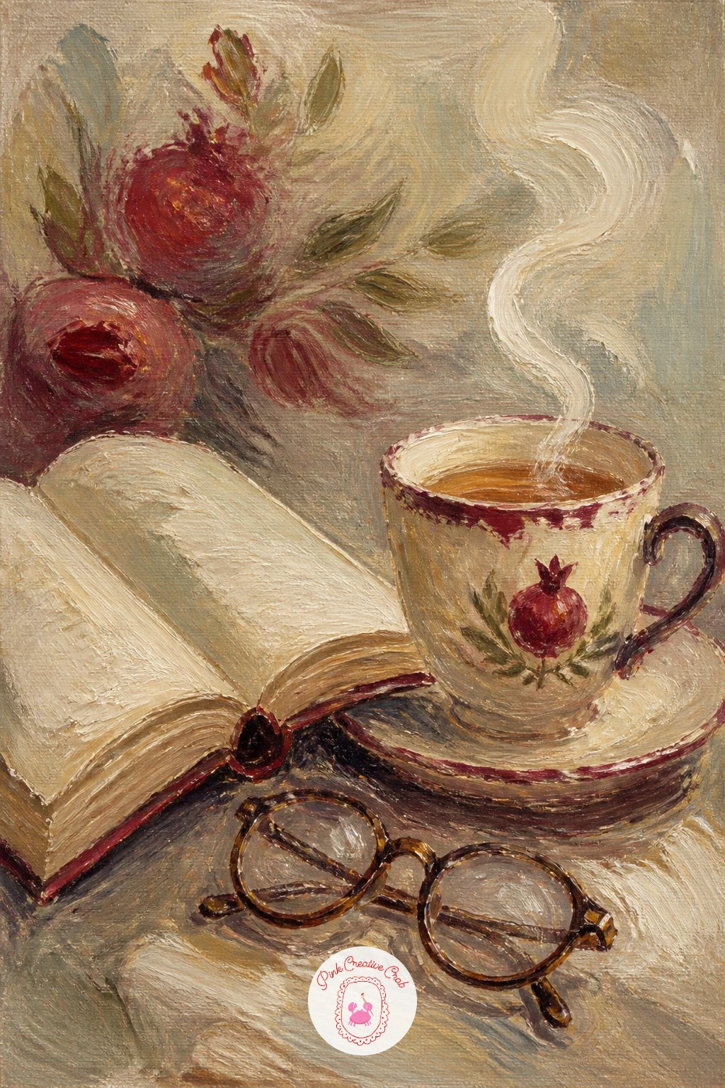 Open Book, Teacup and Reading Glasses — A book left open beside a teacup and a pair of reading glasses tells a small story of someone who just stepped away