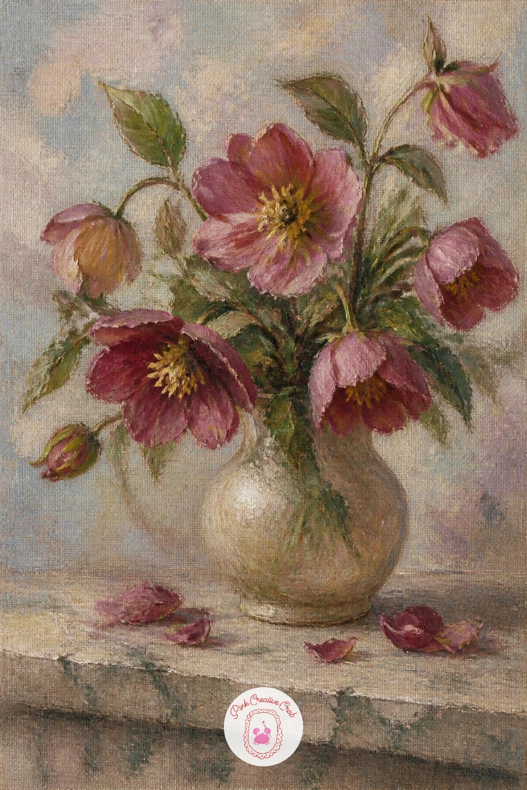 Hellebores on a Marble Ledge — A vase of hellebores with fallen petals on a marble ledge is a lesson in restraint, since hellebores droop and nod rather than