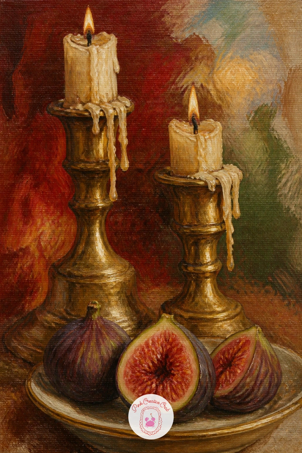 Brass Candlesticks With Dripping Candles — Brass candlesticks with dripping candles and a plate of figs puts two kinds of shine side by side, brass and candle