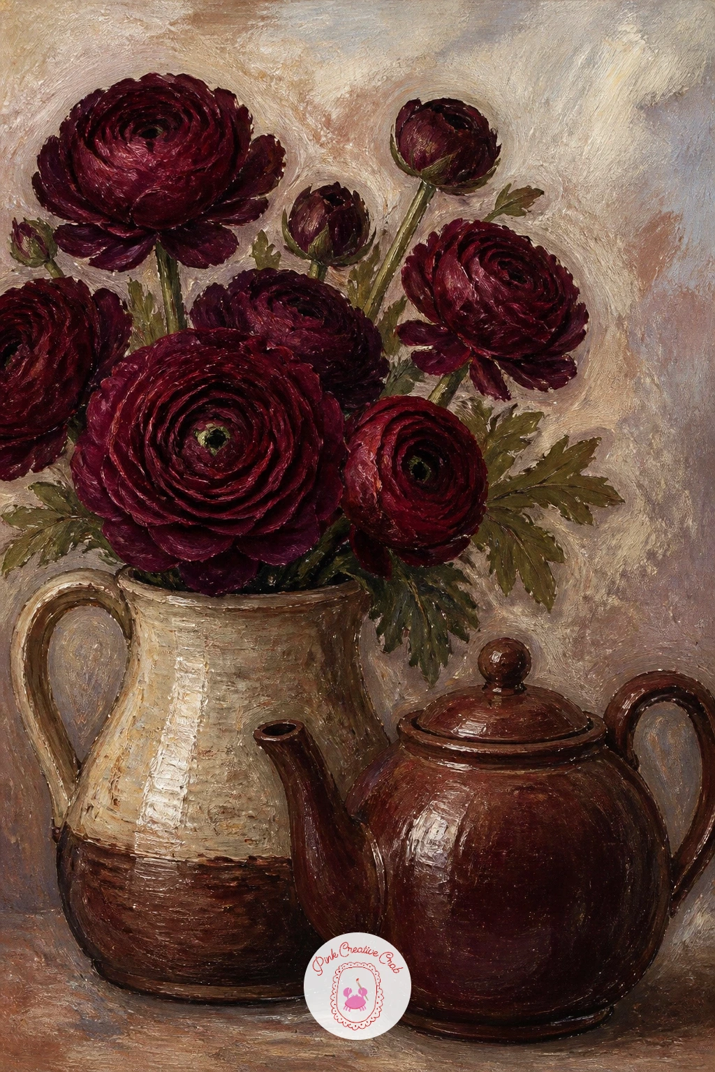 Burgundy Ranunculus With a Teapot — A burgundy ranunculus bunch in a stoneware jug beside a teapot gives you two rounded forms to balance against each other