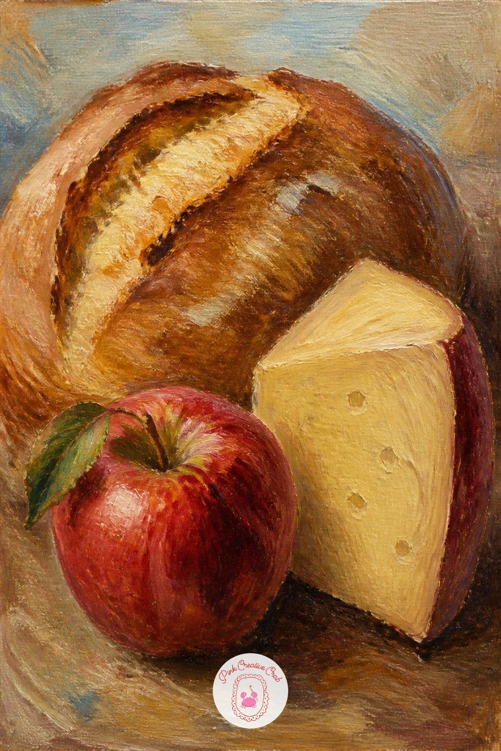 Loaf, Cheese and Apple on Rustic Table — A loaf, a wedge of cheese and an apple on a rustic table is one of the oldest still life groupings for good reason