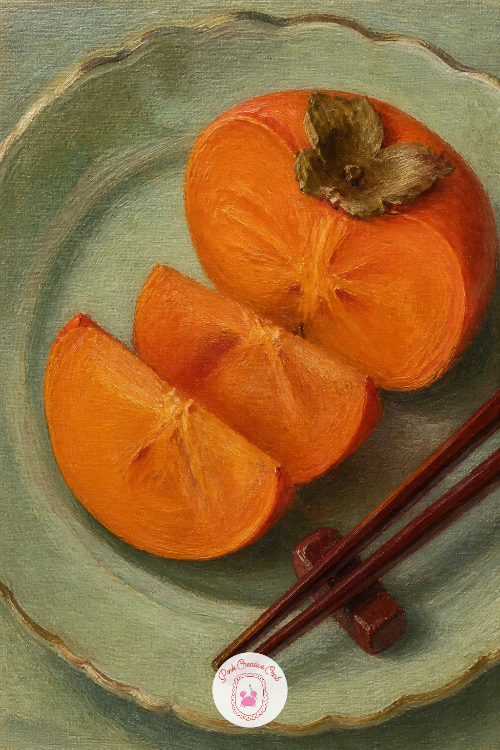 Sliced Persimmon on Celadon — A sliced persimmon on a celadon plate with chopsticks brings a different palette into the mix, since celadon's pale green-grey